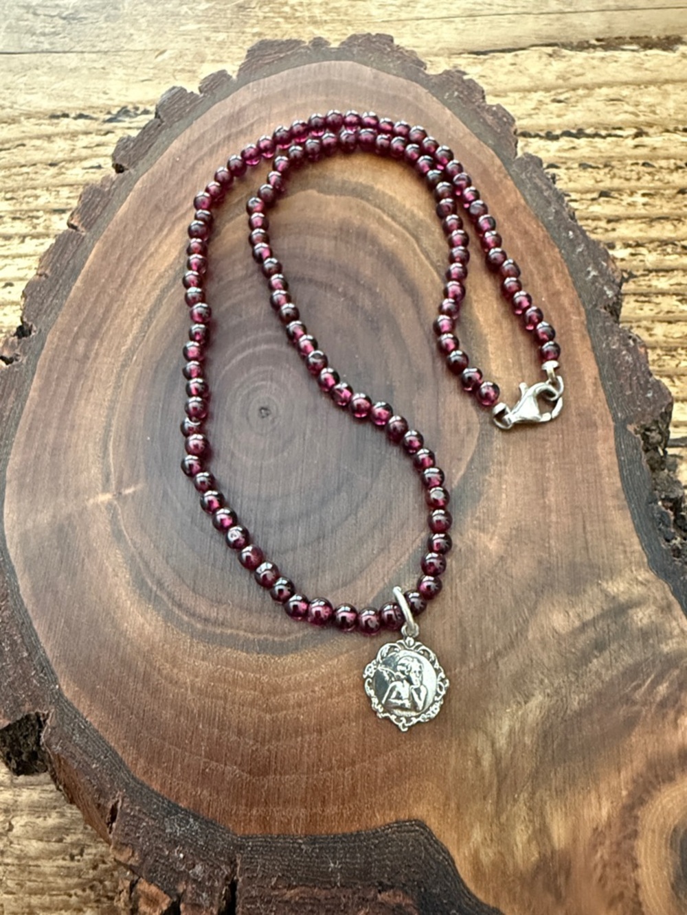 90’s VTG | Garnet Beaded Necklace with 925 Silver Angel Charm